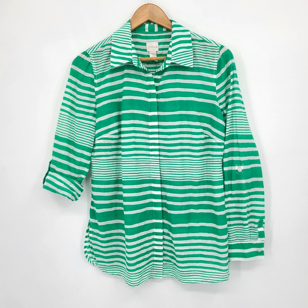 Chicos Green Stripe Roll Tab Sleeve Lightweight Button Shirt Breezy Beach Size S